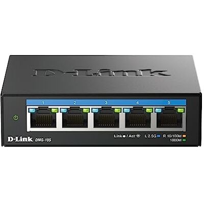 D-Link DMS-105 multi-gigabit-schakelaar met 5 poorten 2,5 G, zonder ventilator, laag profiel, compact, metalen behuizing, QoS, plug and play D-Link DMS-105 multi-gigabit-schakelaar met 5 poorten 2,5 G, zonder ventilator, laag profiel, compact, metalen behuizing, QoS, plug and play