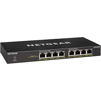 Netgear (GS308PP) 8-poorts RJ45 Gigabit PoE Ethernet-switch (10/100/1000) RJ45-switch met 8 PoE-poorten @ 83W, positionering op een bureau of aan de muur, eenvoudige connectiviteit voor kleine en middelgrote bedrijven of thuis+ Netgear (GS308PP) 8-poorts RJ45 Gigabit PoE Ethernet-switch (10/100/1000) RJ45-switch met 8 PoE-poorten @ 83W, positionering op een bureau of aan de muur, eenvoudige connectiviteit voor kleine en middelgrote bedrijven of thuis+