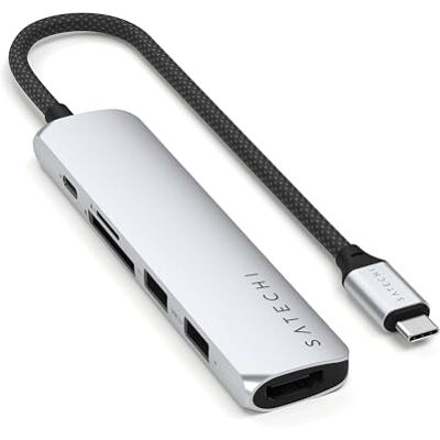 SATECHI 6-in-1 hub USB C Slim Plus multipoortadapter met PD 100W opladen, HDMI 4K @60Hz, 2x USB-A 10Gbps, SD/microSD voor MacBook Air/Pro/Neo, Laptop en meer, zilver SATECHI 6-in-1 hub USB C Slim Plus multipoortadapter met PD 100W opladen, HDMI 4K @60Hz, 2x USB-A 10Gbps, SD/microSD voor MacBook Air/Pro/Neo, Laptop en meer, zilver