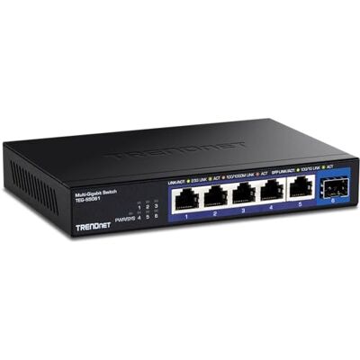 TRENDnet 6-poorts onbeheerde 2,5G switch met 10G SFP+ poort, TEG-S5061, 5 poorten 2,5GBASE-T, schakelvermogen 45 Gbit/s, zonder ventilator, wandmontage, zwart TRENDnet 6-poorts onbeheerde 2,5G switch met 10G SFP+ poort, TEG-S5061, 5 poorten 2,5GBASE-T, schakelvermogen 45 Gbit/s, zonder ventilator, wandmontage, zwart