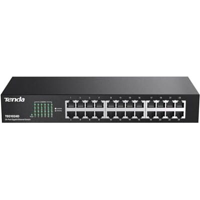Tenda TEG1024D Gigabit Ethernet Switch, 24 RJ45-poorten, 48 Gbit/s, 10/100/1000 Mbps, Auto MDI/MDIX, desktop/rackmontage, professionele bliksembeveiliging, onbeheerd, plug & play, metaal Tenda TEG1024D Gigabit Ethernet Switch, 24 RJ45-poorten, 48 Gbit/s, 10/100/1000 Mbps, Auto MDI/MDIX, desktop/rackmontage, professionele bliksembeveiliging, onbeheerd, plug & play, metaal
