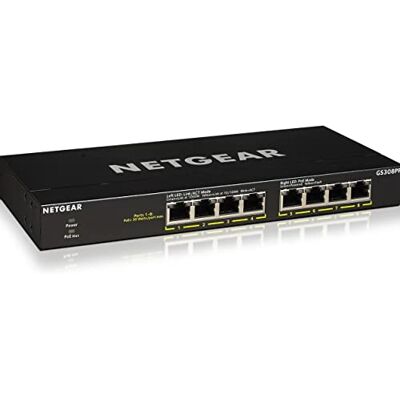 Netgear (GS308PP) 8-poorts RJ45 Gigabit PoE Ethernet-switch (10/100/1000) RJ45-switch met 8 PoE-poorten @ 83W, positionering op een bureau of aan de muur, eenvoudige connectiviteit voor kleine en middelgrote bedrijven of thuis+ Netgear (GS308PP) 8-poorts RJ45 Gigabit PoE Ethernet-switch (10/100/1000) RJ45-switch met 8 PoE-poorten @ 83W, positionering op een bureau of aan de muur, eenvoudige connectiviteit voor kleine en middelgrote bedrijven of thuis+