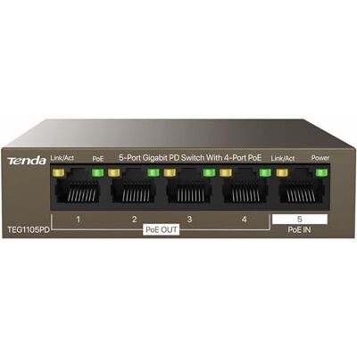 Tenda 5 poorten Gigabit PoE Switch zonder AC-voeding, PD Gigabit Switch 30 W (4 PoE-poorten uit en 1 PoE-poort in), plug & play, zonder ventilator, alleen PoE-voeding (TEG1105PD) Tenda 5 poorten Gigabit PoE Switch zonder AC-voeding, PD Gigabit Switch 30 W (4 PoE-poorten uit en 1 PoE-poort in), plug & play, zonder ventilator, alleen PoE-voeding (TEG1105PD)