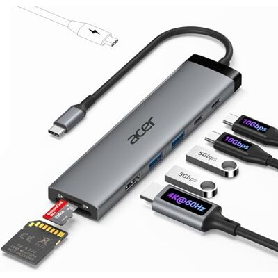 Acer USB C Hub 8-in-1 10Gbps, USB-C naar HDMI-adapter 4K @60Hz, 2 x USB C 3.2, 2 x USB-A 3, PD 100 W, Type-C multiport splitter met SD/TF-kaartlezer, voor pc, iPad Pro Acer USB C Hub 8-in-1 10Gbps, USB-C naar HDMI-adapter 4K @60Hz, 2 x USB C 3.2, 2 x USB-A 3, PD 100 W, Type-C multiport splitter met SD/TF-kaartlezer, voor pc, iPad Pro