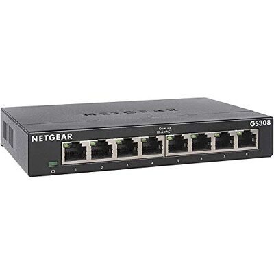 Netgear (GS308) Ethernet-switch met 8 RJ45-poorten, Gigabit metaal (10/100/1000), RJ45-switch, stil, positionering op een bureau of aan de muur voor eenvoudige connectiviteit, ideaal voor thuis of op kantoor Netgear (GS308) Ethernet-switch met 8 RJ45-poorten, Gigabit metaal (10/100/1000), RJ45-switch, stil, positionering op een bureau of aan de muur voor eenvoudige connectiviteit, ideaal voor thuis of op kantoor