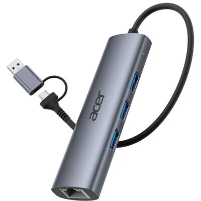 Acer USB-C naar ethernet, USB C HUB met 3 USB-A 3.0 poorten en 1 Gbps RJ45 LAN-poort, aluminium warmteafvoer, USB naar netwerkadapter voor laptop, MacBook Pro Acer USB-C naar ethernet, USB C HUB met 3 USB-A 3.0 poorten en 1 Gbps RJ45 LAN-poort, aluminium warmteafvoer, USB naar netwerkadapter voor laptop, MacBook Pro