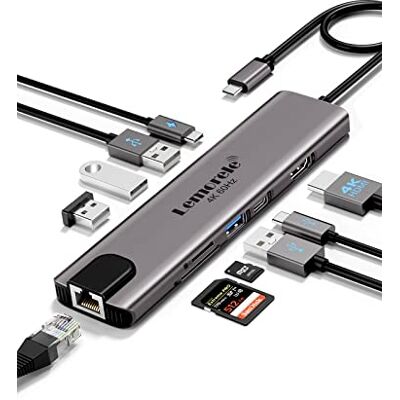 Lemorele 10-in-1 USB C multiport adapter voor MacBook, hub naar HDMI 4K, Ethernet, PD 100W, USB-C datapoort, 2 poorten Lemorele 10-in-1 USB C multiport adapter voor MacBook, hub naar HDMI 4K, Ethernet, PD 100W, USB-C datapoort, 2 poorten