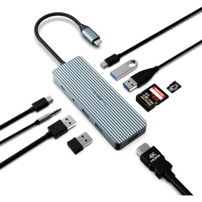 BIGBIG WON USB C-adapter, USB 3.0-hub, 10-in-1 USB type C-hub met 4K HDMI, 2x USB 3.0, 2x USB 2.0, 100 W PD, 3,5 mm audio, SD/TF-kaartlezer voor laptop, Windows, Linux, systemen BIGBIG WON USB C-adapter, USB 3.0-hub, 10-in-1 USB type C-hub met 4K HDMI, 2x USB 3.0, 2x USB 2.0, 100 W PD, 3,5 mm audio, SD/TF-kaartlezer voor laptop, Windows, Linux, systemen