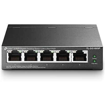TP-Link PoE-switch (TL-SG1005P V2) 5 Gigabit-poorten, 4 PoE-poorten, 65W voor alle PoE-poorten, metalen behuizing, eenvoudige installatie, ideaal voor het creëren van een veelzijdig en betrouwbaar bewakingsnetwerk TP-Link PoE-switch (TL-SG1005P V2) 5 Gigabit-poorten, 4 PoE-poorten, 65W voor alle PoE-poorten, metalen behuizing, eenvoudige installatie, ideaal voor het creëren van een veelzijdig en betrouwbaar bewakingsnetwerk