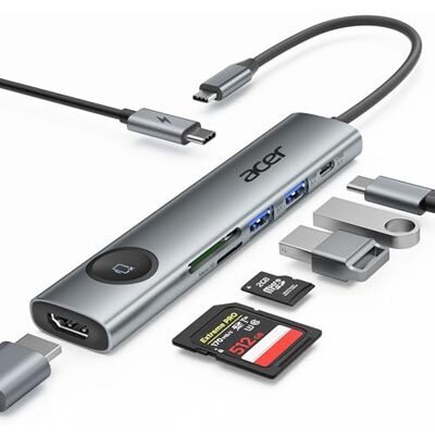 Acer 7-in-1 USB C-hub HDMI-adapter 4K @ 60Hz, 2 USB 3.0, PD100W, SD/TF-kaartlezer, aan/uit-knop, compatibel met iPad Pro, MacBook Acer 7-in-1 USB C-hub HDMI-adapter 4K @ 60Hz, 2 USB 3.0, PD100W, SD/TF-kaartlezer, aan/uit-knop, compatibel met iPad Pro, MacBook
