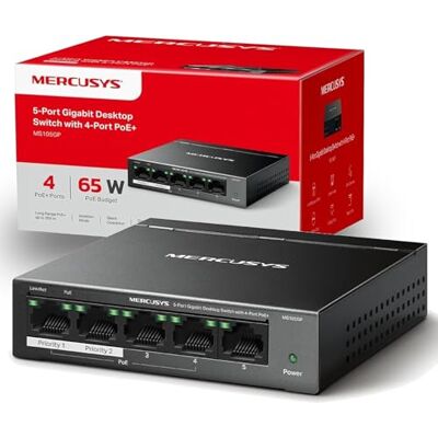 MERCUSYS MS105GP TP-Link PoE Switch 5 Gigabit poorten, 65 W voor alle PoE-poorten, 4 PoE-poorten 30 W 802.3af/at, Ethernet-switch, RJ45-schakelaar, metalen behuizing, ethernet-stekkerdoos, aansluiten en gebruiken MERCUSYS MS105GP TP-Link PoE Switch 5 Gigabit poorten, 65 W voor alle PoE-poorten, 4 PoE-poorten 30 W 802.3af/at, Ethernet-switch, RJ45-schakelaar, metalen behuizing, ethernet-stekkerdoos, aansluiten en gebruiken