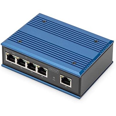 Digitus PoE netwerkschakelaar Gigabit Ethernet 5 poorten DIN-rail montage klemmenblok zonder ventilator zwart/blauw Digitus PoE netwerkschakelaar Gigabit Ethernet 5 poorten DIN-rail montage klemmenblok zonder ventilator zwart/blauw