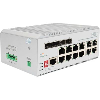 Digitus PoE Netwerkswitch 12 Gigabit Ethernet poorten 8x RJ45 + 4x SFP/RJ45 Combo L2 beheerbaar 10/100/1000 Mbit/s DIN-railmontage industriële serie wit Digitus PoE Netwerkswitch 12 Gigabit Ethernet poorten 8x RJ45 + 4x SFP/RJ45 Combo L2 beheerbaar 10/100/1000 Mbit/s DIN-railmontage industriële serie wit