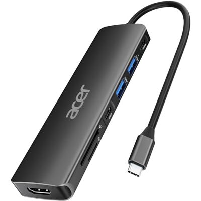 Acer USB-C-hub, 7-in-1 station, 2 x USB 3.1 Gen1, 5 Gbit/s, HDMI 4K, 100 W PD-opladen, SD-speler, voor iPad Pro, MacBook Pro, computers Acer USB-C-hub, 7-in-1 station, 2 x USB 3.1 Gen1, 5 Gbit/s, HDMI 4K, 100 W PD-opladen, SD-speler, voor iPad Pro, MacBook Pro, computers