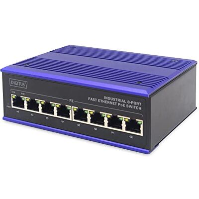 Digitus PoE Netwerkschakelaar Fast Ethernet 8 poorten DIN-rail montage klemmenblok zonder ventilator zwart/blauw Digitus PoE Netwerkschakelaar Fast Ethernet 8 poorten DIN-rail montage klemmenblok zonder ventilator zwart/blauw