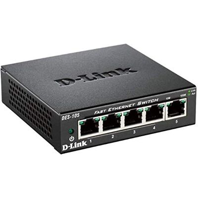 D-Link Switch met 5 poorten, metaal, 10/100 Mbps, ideaal voor het delen van verbinding en netwerken voor Small Office Home Office (DES-105) D-Link Switch met 5 poorten, metaal, 10/100 Mbps, ideaal voor het delen van verbinding en netwerken voor Small Office Home Office (DES-105)