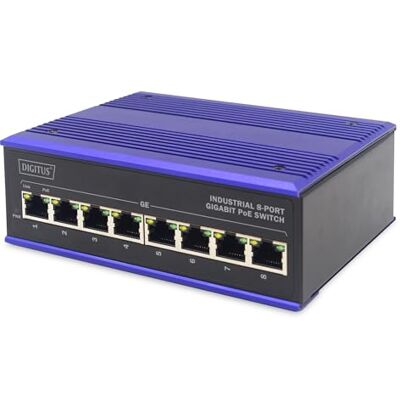 Digitus PoE netwerkswitch Gigabit Ethernet 8 poorten DIN-rail montage klemmenblok zonder ventilator zwart/blauw Digitus PoE netwerkswitch Gigabit Ethernet 8 poorten DIN-rail montage klemmenblok zonder ventilator zwart/blauw