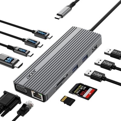 Acer 11 IN 1 USB C-hub met HDMI 4K @ 60Hz, VGA 1080p, 2x USB-C 10Gbps, 2x USB-A 5Gbps, 100W PD-poort, 1000 Mbps Ethernet, SD/TF-kaart, dockingstation voor pc en desktop Acer 11 IN 1 USB C-hub met HDMI 4K @ 60Hz, VGA 1080p, 2x USB-C 10Gbps, 2x USB-A 5Gbps, 100W PD-poort, 1000 Mbps Ethernet, SD/TF-kaart, dockingstation voor pc en desktop
