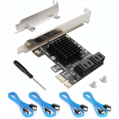 Ziyituod SATA-kaart, PCIE 3.0, 4 poorten met 4 SATA-kabels, SATA-uitbreidingskaart met laag profiel, niet-RAID, opstarten als systeemschijf, ondersteunt 4 SATA 3.0 apparaten Ziyituod SATA-kaart, PCIE 3.0, 4 poorten met 4 SATA-kabels, SATA-uitbreidingskaart met laag profiel, niet-RAID, opstarten als systeemschijf, ondersteunt 4 SATA 3.0 apparaten