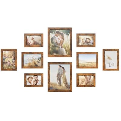 SONGMICS Set van 10 fotolijsten twee van 20 x 25 cm, vier van 13 x 18 cm, vier van 10 x 15 cm, mdf kunststofbescherming, rustiek bruin RPF310X01 SONGMICS Set van 10 fotolijsten twee van 20 x 25 cm, vier van 13 x 18 cm, vier van 10 x 15 cm, mdf kunststofbescherming, rustiek bruin RPF310X01