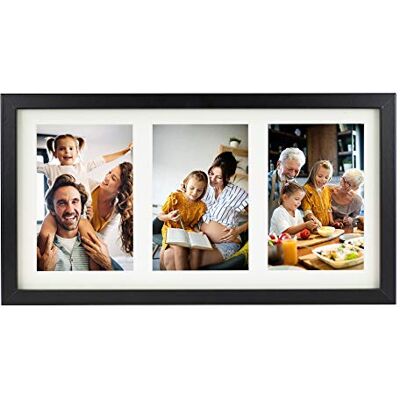 Fotolijst collage 18 x 35 cm voor drie foto's met passe-partout 10 x 15 cm, zwart MDF-hout, moderne fotolijst om aan de muur te hangen of op een commode te zetten Fotolijst collage 18 x 35 cm voor drie foto's met passe-partout 10 x 15 cm, zwart MDF-hout, moderne fotolijst om aan de muur te hangen of op een commode te zetten
