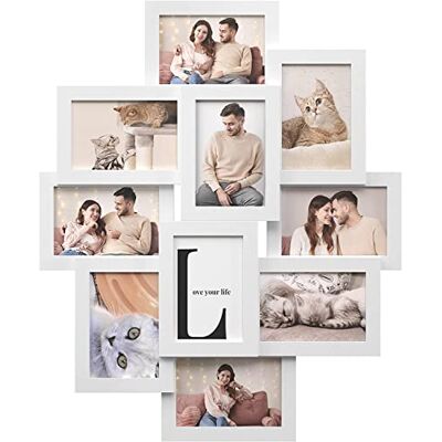 SONGMICS Fotolijst, wandbevestiging, voor 10 foto's van 10 x 15 cm foto's, MDF paneel, montage nodig, wit RPF20WT SONGMICS Fotolijst, wandbevestiging, voor 10 foto's van 10 x 15 cm foto's, MDF paneel, montage nodig, wit RPF20WT