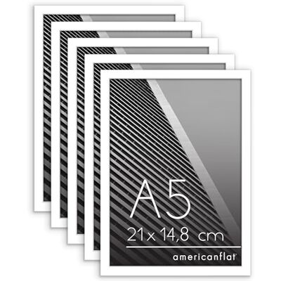 Americanflat Fotolijst A5, wit, A5-lijst met dunne rand, schokbestendig, ezel en geïntegreerd ophangmateriaal voor muur en vlak oppervlak, 5 stuks Verre résistant aux chocs, chevalet et accroche murale inclus, format horizontal ou vertical, pour vos pho Americanflat Fotolijst A5, wit, A5-lijst met dunne rand, schokbestendig, ezel en geïntegreerd ophangmateriaal voor muur en vlak oppervlak, 5 stuks Verre résistant aux chocs, chevalet et accroche murale inclus, format horizontal ou vertical, pour vos pho