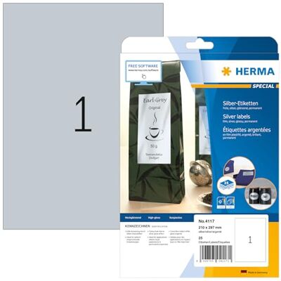 HERMA 25 vellen zelfklevende weerbestendige zilveren etiketten, 210 x 297 mm, 1 stuk per A4-vel, 25 stickers, bedrukbaar, glanzend, blanco HERMA 25 vellen zelfklevende weerbestendige zilveren etiketten, 210 x 297 mm, 1 stuk per A4-vel, 25 stickers, bedrukbaar, glanzend, blanco