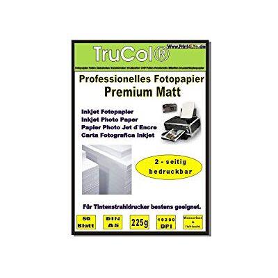 trucol 50 vellen premium fotopapier, dubbelzijdig DIN A5, 225 g/m², premium inkjetprinter, direct droog, waterdicht, lichtbestendig, vouwpapier, brospecten, wenskaarten, fotopapier, uitnodigingskaart trucol 50 vellen premium fotopapier, dubbelzijdig DIN A5, 225 g/m², premium inkjetprinter, direct droog, waterdicht, lichtbestendig, vouwpapier, brospecten, wenskaarten, fotopapier, uitnodigingskaart