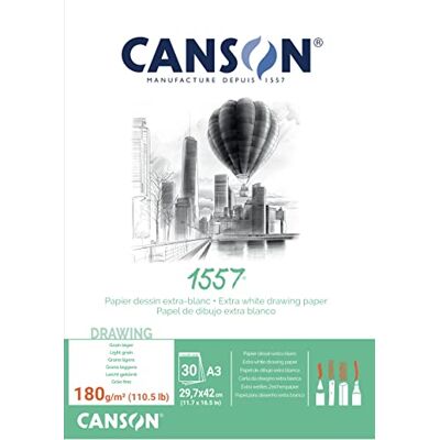 Canson 1557 tekenpapier, A3, extra wit, 180 g/m², 30 vellen Lichte korrel, gelijmde korte zijde voor professionele kunstenaars en illustratoren Canson 1557 tekenpapier, A3, extra wit, 180 g/m², 30 vellen Lichte korrel, gelijmde korte zijde voor professionele kunstenaars en illustratoren