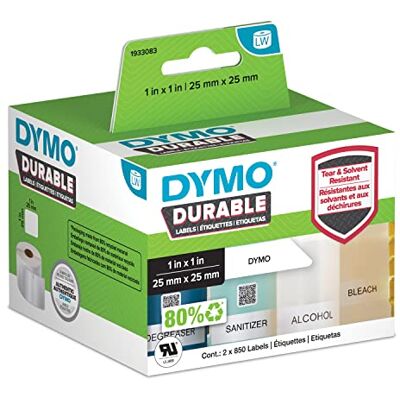 Dymo Duurzame industriële etiketten voor labelprinters, wit, 25 x 25 mm, 2 rollen van 850 stuks Dymo Duurzame industriële etiketten voor labelprinters, wit, 25 x 25 mm, 2 rollen van 850 stuks