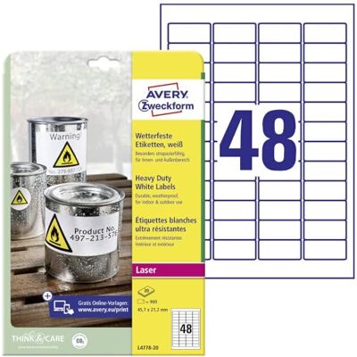 Avery L4778-20 etiketten, robuust, 45,7 x 21,2 mm, 20 vellen Avery L4778-20 etiketten, robuust, 45,7 x 21,2 mm, 20 vellen