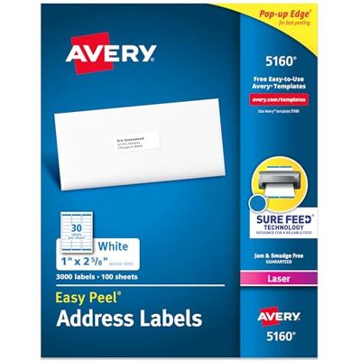 Avery 3.000 stuks bedrukbare adresetiketten gemakkelijk af te pellen met veilige voeding, personaliseerbare stickers, wit, ideaal voor verzending, verzending en meer (5160) Avery 3.000 stuks bedrukbare adresetiketten gemakkelijk af te pellen met veilige voeding, personaliseerbare stickers, wit, ideaal voor verzending, verzending en meer (5160)
