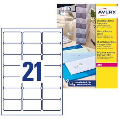 Avery QuickPEEL Adreslabels, transparant, 525 etiketten, zelfklevend, laserprinter, 21 etiketten per A4 vel, 525 stuks Avery QuickPEEL Adreslabels, transparant, 525 etiketten, zelfklevend, laserprinter, 21 etiketten per A4 vel, 525 stuks