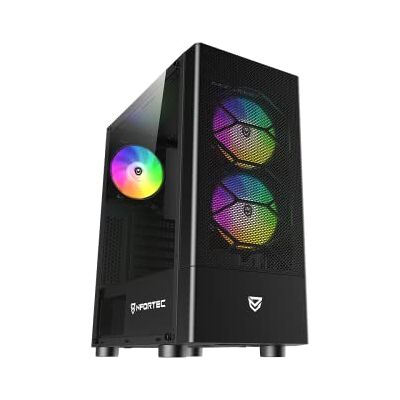 Nfortec CAELUM PC-behuizing Gaming Mid Tower (ATX), 3 x ARGB 120 mm ventilatoren inbegrepen, voorrooster, zijkanten van gehard glas, zwart Nfortec CAELUM PC-behuizing Gaming Mid Tower (ATX), 3 x ARGB 120 mm ventilatoren inbegrepen, voorrooster, zijkanten van gehard glas, zwart