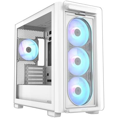 Asus A21 PLUS TG ARGB WHITE Micro ATX-behuizing, ondersteunt moederborden met verborgen aansluitingen, 360 mm radiatoren en 380 mm grafische kaarten, 4 vooraf geïnstalleerde ARGB-ventilatoren, wit Asus A21 PLUS TG ARGB WHITE Micro ATX-behuizing, ondersteunt moederborden met verborgen aansluitingen, 360 mm radiatoren en 380 mm grafische kaarten, 4 vooraf geïnstalleerde ARGB-ventilatoren, wit