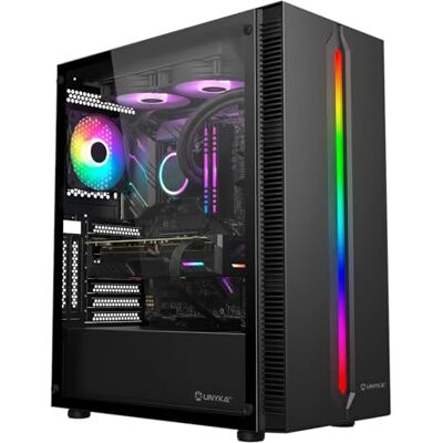 Unykach ATX Armor Lumina gaming-behuizing zwart met front met ARGB ledstrip, verticale koelroosters, zijwand van gehard glas en 120 mm ARGB-ventilator Unykach ATX Armor Lumina gaming-behuizing zwart met front met ARGB ledstrip, verticale koelroosters, zijwand van gehard glas en 120 mm ARGB-ventilator