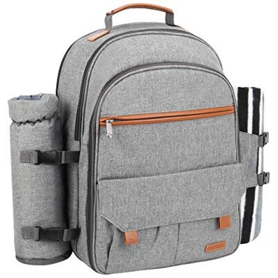 Sunflora Picknickrugzak voor 4 personen, deluxe, geïsoleerd, met tas en servies voor camping, familie, gazon (grijs) Sunflora Picknickrugzak voor 4 personen, deluxe, geïsoleerd, met tas en servies voor camping, familie, gazon (grijs)