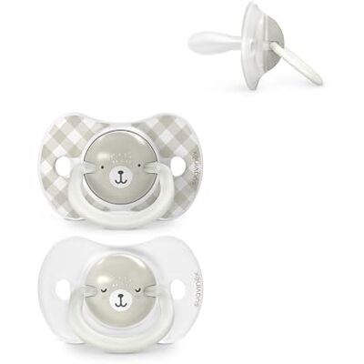 Suavinex , Set van 2 fopspenen voor baby's, 6/18 maanden, licht op in het donker, met fluorescerende ring, ideaal voor nacht, symmetrische speen SX Pro van siliconen, omkeerbaar, plat en zacht, grijs Suavinex , Set van 2 fopspenen voor baby's, 6/18 maanden, licht op in het donker, met fluorescerende ring, ideaal voor nacht, symmetrische speen SX Pro van siliconen, omkeerbaar, plat en zacht, grijs