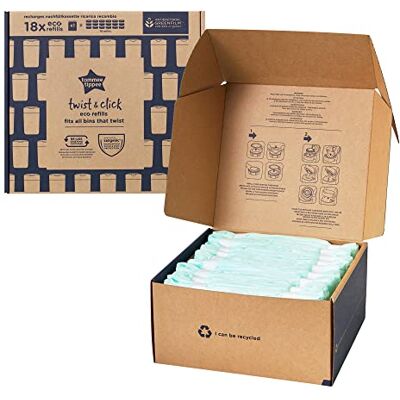 Tommee Tippee Eco-navullingen voor Twist en Click luieremmer, cassettenavullingen (niet inbegrepen), duurzame antibacteriële GREENFILM, 18 stuks Tommee Tippee Eco-navullingen voor Twist en Click luieremmer, cassettenavullingen (niet inbegrepen), duurzame antibacteriële GREENFILM, 18 stuks