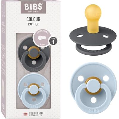 Bibs Colour fopspeen. Set van 2 fopspenen. Bisfenol A-vrij, ronde speen. Natuurlijk rubberlatex, gemaakt in Denemarken. Maat 1 (0-6 maanden), Iron / Baby Blue Bibs Colour fopspeen. Set van 2 fopspenen. Bisfenol A-vrij, ronde speen. Natuurlijk rubberlatex, gemaakt in Denemarken. Maat 1 (0-6 maanden), Iron / Baby Blue