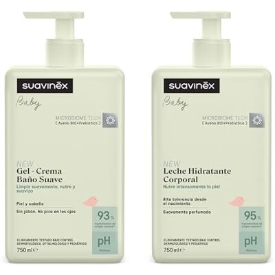 Suavinex , Babyverpakking met gel: Syndet shampoo voor huid en haar, zonder zeep, 750 ml + vochtinbrengende bodylotion 750 ml, geschikt voor de gevoelige en pasgeboren huid, met 90% tot 93% Suavinex , Babyverpakking met gel: Syndet shampoo voor huid en haar, zonder zeep, 750 ml + vochtinbrengende bodylotion 750 ml, geschikt voor de gevoelige en pasgeboren huid, met 90% tot 93%