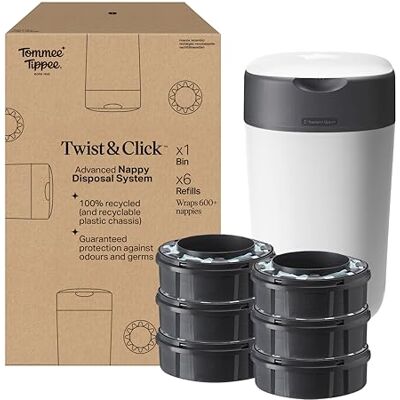 Tommee Tippee Geavanceerde Luieremmer Twist & Click-starterset, 1x 6 navulcassettes met antibacteriële Greenfilm, wit 85201913 Tommee Tippee Geavanceerde Luieremmer Twist & Click-starterset, 1x 6 navulcassettes met antibacteriële Greenfilm, wit 85201913