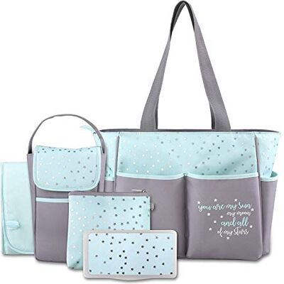 Baby Essentials 5-delige luiertas met zon, maan en sterren, zak voor doekjes, vuile luiertas, aankleedkussen Baby Essentials 5-delige luiertas met zon, maan en sterren, zak voor doekjes, vuile luiertas, aankleedkussen