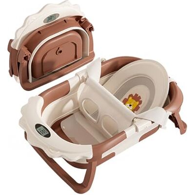 SUPERBE BEBE Opvouwbaar babybad met thermometer en badkussenhouder, digitale temperatuurweergave, leeuwenmodel, bruin en wit SUPERBE BEBE Opvouwbaar babybad met thermometer en badkussenhouder, digitale temperatuurweergave, leeuwenmodel, bruin en wit