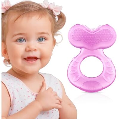 Nuby Teethe-eez Bijtring van zachte siliconen, bijtring van siliconen met gestructureerd oppervlak voor tandvleesmassage, inclusief hygiënische tas, roze, vanaf 3 maanden Nuby Teethe-eez Bijtring van zachte siliconen, bijtring van siliconen met gestructureerd oppervlak voor tandvleesmassage, inclusief hygiënische tas, roze, vanaf 3 maanden