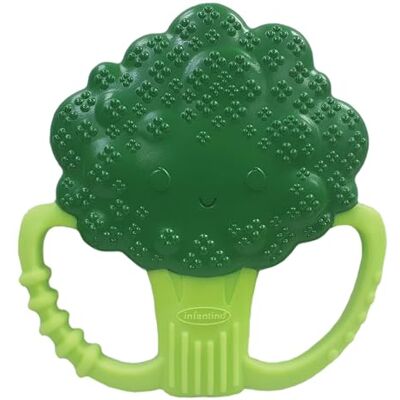 INFANTINO Lil' Nibbles Bijtring voor baby's van siliconen met textuur voor sensorische verkenning en bijthulp met gemakkelijk vast te houden handgrepen, groene broccoli, 0+ maanden INFANTINO Lil' Nibbles Bijtring voor baby's van siliconen met textuur voor sensorische verkenning en bijthulp met gemakkelijk vast te houden handgrepen, groene broccoli, 0+ maanden