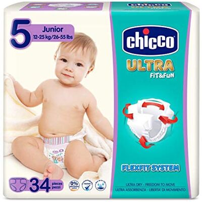 Chicco Ultra Fit & Fun luiers, extra absorberend, maat 5, 12-25 kg (junior), 34 stuks, maxi 12-25 kg, 34 stuks Chicco Ultra Fit & Fun luiers, extra absorberend, maat 5, 12-25 kg (junior), 34 stuks, maxi 12-25 kg, 34 stuks