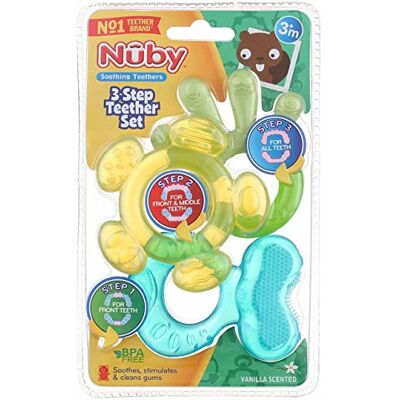 Nuby Bijtringen in 3 stappen, set van 3 bijtringen voor baby's, gestructureerde oppervlakken, koelkastvriendelijk, 3 maanden + Nuby Bijtringen in 3 stappen, set van 3 bijtringen voor baby's, gestructureerde oppervlakken, koelkastvriendelijk, 3 maanden +