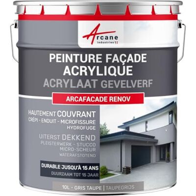 ARCANE INDUSTRIES Verf voor gevels, waterafstotend, acryl, 14 kleuren – houdt tot 15 jaar grijs taupe (Ral 7036) 10 l (+ of – 60 m² in 1 verf) ARCANE INDUSTRIES Verf voor gevels, waterafstotend, acryl, 14 kleuren – houdt tot 15 jaar grijs taupe (Ral 7036) 10 l (+ of – 60 m² in 1 verf)